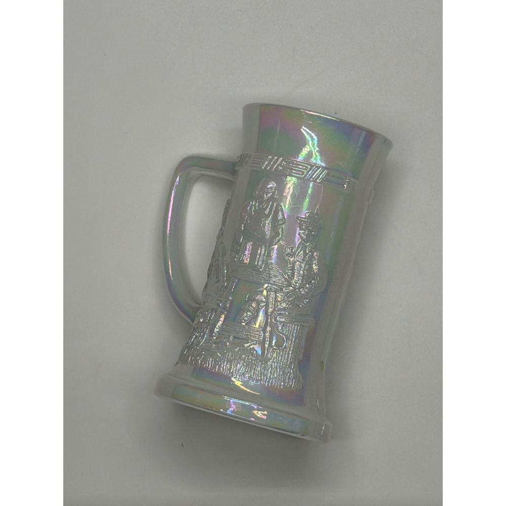 Iridescent Glass Stein Mug Embossed Figures Handle Collectible Barware